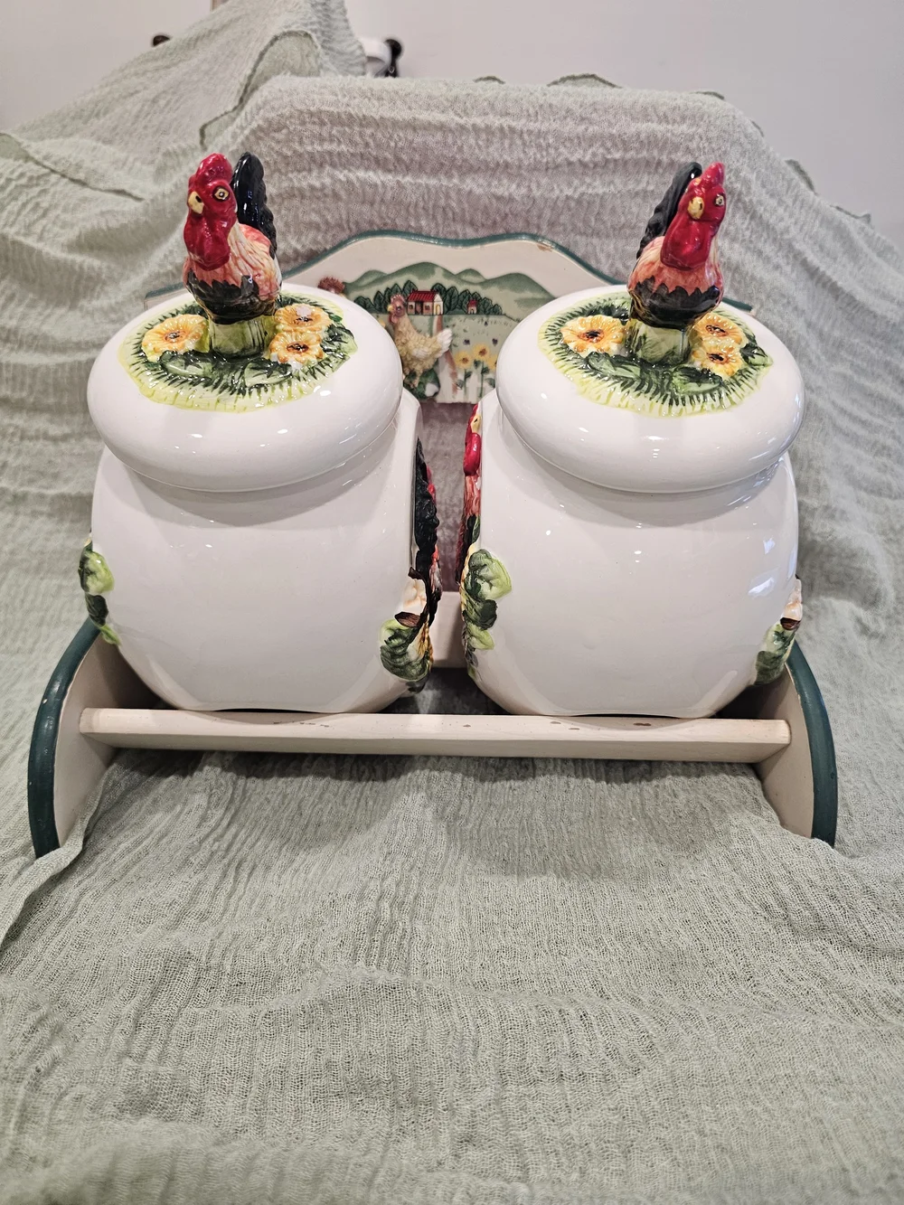 Vintage KMC Rooster Tilt Cookie Jar Set With Wooden Rack